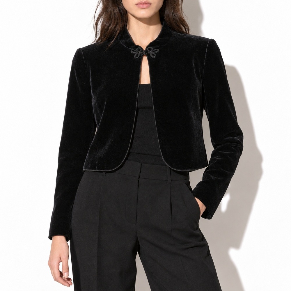80s Vintage Black Velvet Cropped Jacket Womens 10 Puff Sleeve Mandarin Collar
